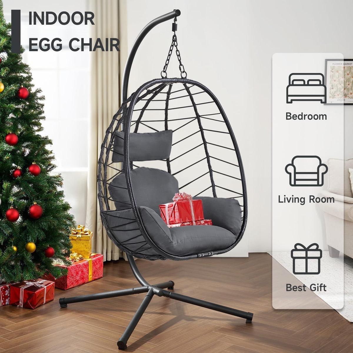 Onbrill Hanging Egg Chair with Stand, Outdoor Indoor Rattan Wicker Egg Swing Chair with Dual Chains, Dark Gray
