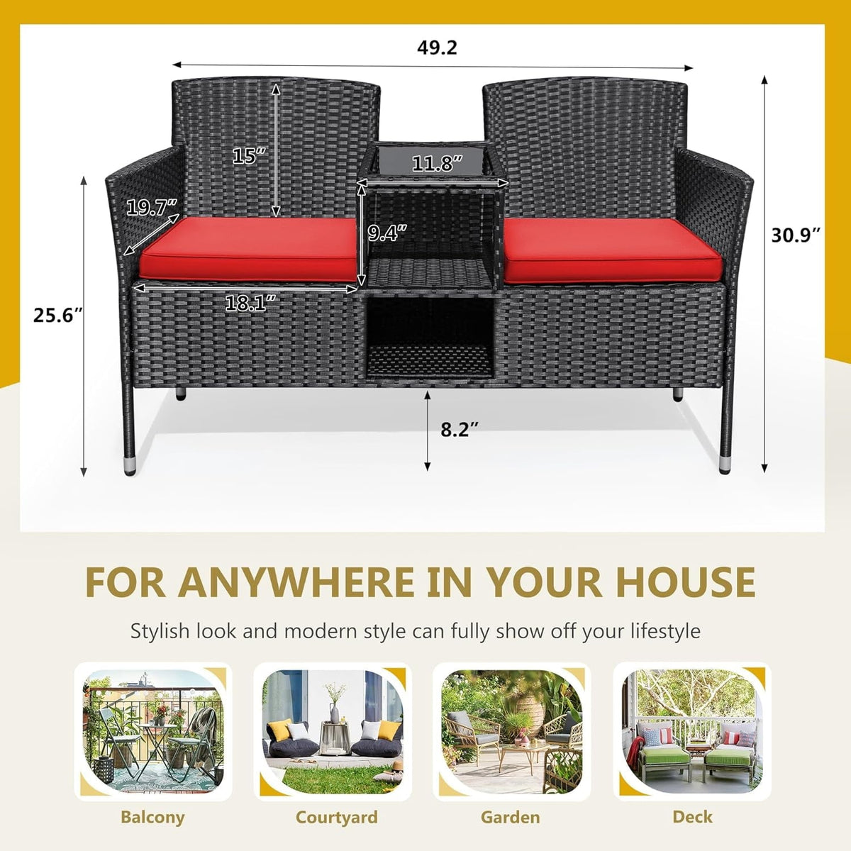 CRXX Outdoor Furniture Patio Loveseat Wicker 2-Seat with Built-in Table and Cushions Rattan Porch Chairs Bench for Balcony, Lawn, Backyard (Red)