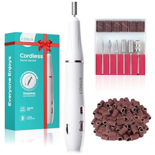 COSLUS Cordless Electric Nail Drill File: Nail Drill Machine with Stepless Speed Knob for Acrylic Gel Dip Powder Polish, Professional Portable Manicure Pedicure Rechargeable for Home Salon Use White