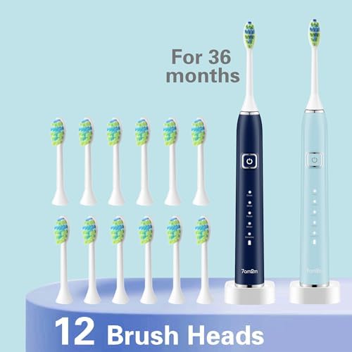 7AM2M Electric Toothbrush 2 Pack Set for Adults, 12 Replacement Brush Heads, 5 Adjustable Modes, Built-in 2-Minute Smart Timer, Fast Charge for 60 Days, IPX7 Waterproof, Navy & Light Blue