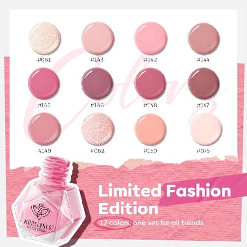 modelones Nail Polish Set 12 Colors Nude Pink Quick Dry Mini Nail Lacquer Kit, Neutral Shimmer White Glitter Finger Toe Nail Polish Bulk Manicure DIY Nail Art Salon Travel Home Gift for Women Girls