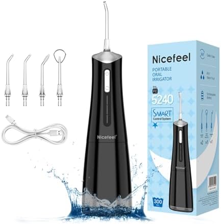 Nicefeel Water Dental Flosser Pick for Teeth 3 Modes Cordless Portable Water Teeth Cleaner Ipx7 Waterproof Oral Irrigator 300ml Tank Water Teeth Cleaner Rechargeable Flossing (Black, 4 Modes)
