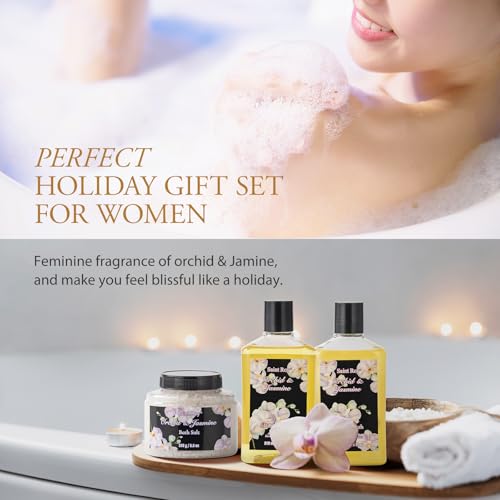Mother's Day Gift for Mom Bath and Body Gift Basket Orchid & Jasmine Spa Gift Baskets for Women Fragrant Body Lotions, Bath Bomb, Home Spa Gift Basket Rich in Jojoba oil & Shea Butter, Bath Kit Sets