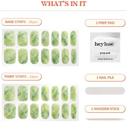 Semi Cured Gel Nail Strips | No LED Lamp Needed | Summer, Marble, Green | Easy Apply & Remove, Salon Quality | Includes 28 Strips, 1 Prep Pads, Nail File & Wooden Stick - Hey, Feeling Lucky?