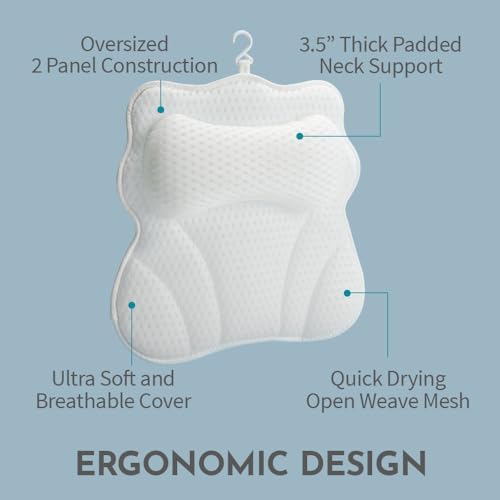 WONDERfoam Thick Padded Ergonomic Bath Pillow for Tub, Bathtub Headrest Neck and Back Support, Strong Suction Cups, Machine Washable Breathable Mesh Quick Dry Pillows, Luxury Spa Accessories, White