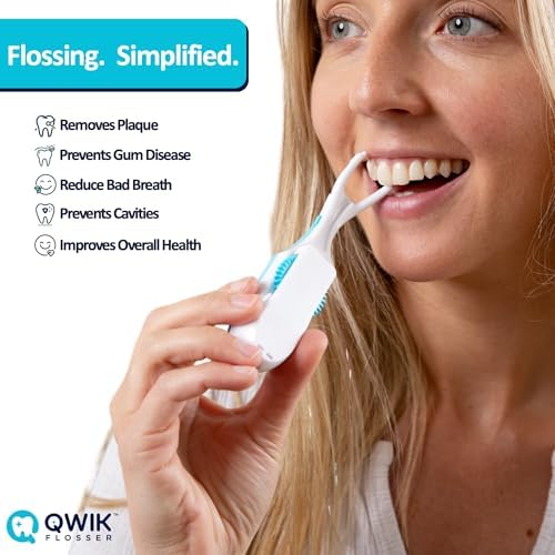 QWIK Automatic Dental Flosser | Click-to-Use, Reusable & Refillable | Pre-Loaded Floss with Travel Cover | Easy Flossing for Plaque Removal, Clean Teeth & Fresh Breath (Dark Blue)
