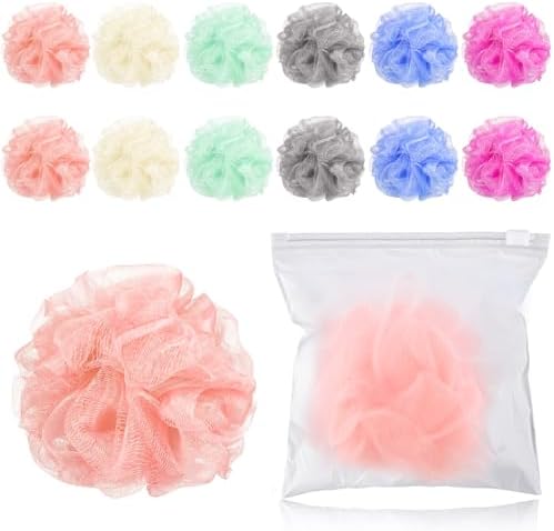 12 Pcs Travel Size Loofah Individually Wrapped, Small Shower Puff Bath Sponge Pouf Ball Bulk Mesh Bath Puff Mini Loofah Sponge with Case Bulk for Shower Care (25g,Colorful)