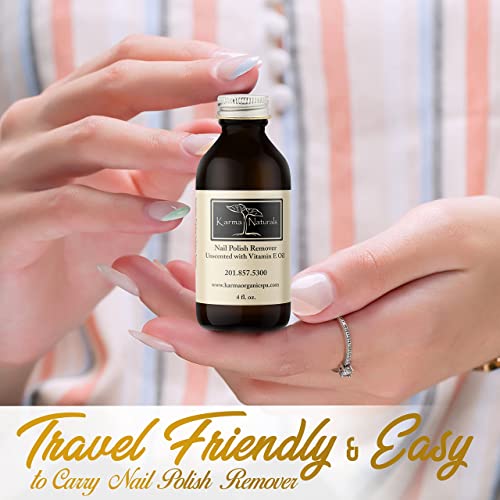 Karma Organic Natural Nail Polish Remover Unscented with Vitamin E Oil - Non Toxic, Vegan, Cruelty Free, Acetone free – Nails Strengthener for Fingernails – 4 fl. Oz.