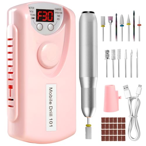 Electric Nail Drill Portable Nail Drill Professional 30000 RPM 13 Salon Quality Drill bits 50 Sanding Bands Portable & Low Noise for Acrylic Nails Gel Polishing Removing Bits Kit for Home Use