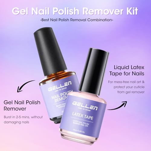 Gellen Gel Polish Remover Kit for Nails, Gel Nail Polish Remover 3-5 Minutes Removal, Pink Liquid Latex Tape Easy to Peel Off, with Manicure Tools, Fast & Easy Removedor de Esmalte Gel
