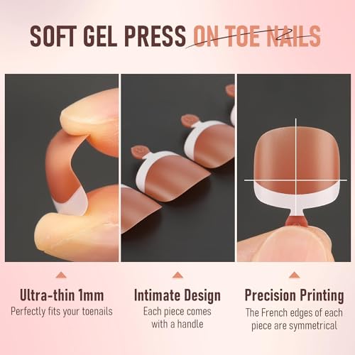 UNA GELLA Toe Nail Press Ons Honey Brown Toe Nail Tips Gel Nail Tips French Tip Press On Nails -216pcs 12sizes Soft Gel Press On Toenails Acrylic Nails Soak Off Toenail Press Ons For Home DIY Nail
