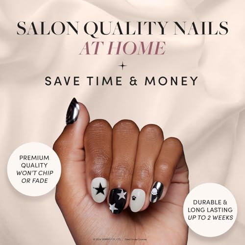 Glamnetic x Hello Kitty® and Friends Press On Nails - Pochacco™ | Short Oval Silver Metallic Graphic Fake Nails in a Chrome Finish | 15 Sizes - 30 Nail Kit with Glue