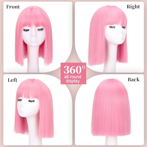 Pink Bob Wig With Bangs - Short Straight Bob Bangs Wig, 12Inch Heat Resistant Synthetic Hair, Natural Looking For Daily Party Use