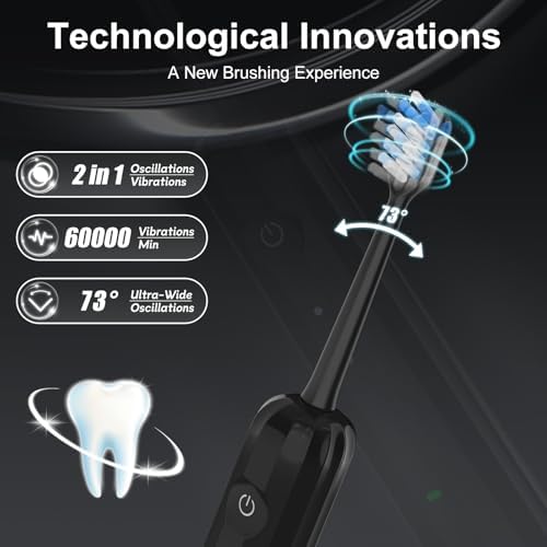 2025 New Sonic Electric Toothbrush for Adults - Vibration 60,000 VPM & 73° Oscillation Rechargeable Electric Toothbrush, 50+ Days Battery Life, 3 Modes, 2-Minute Timer, 3 Brush Heads, Black