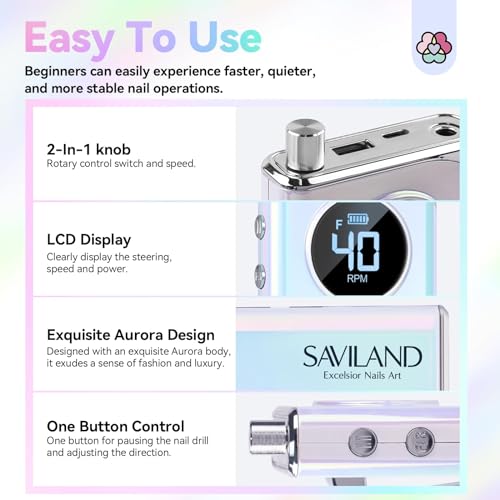 SAVILAND Electric Nail Drill Professional: 40000RPM Nail Drill for Acrylic Nails Sky Realm colors 6000mAhm High Capacity Rechargeable Electric Nail File for Salon Use Manicure Pedicure E File