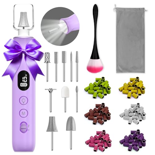 Cordless Electric Nail File Set, 10 Speeds Professional Manicure Pedicure Kit with LED Light, Portable Nail Drill for Natural & Acrylic Nails, Human & Pet Thick Toenails, w 120*Sanding Bands (Purple)
