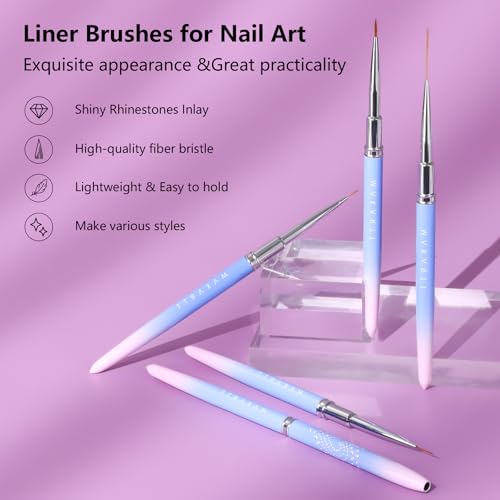 Makartt Nail Art Brushes Set: 5pcs Liner Brushes 7/9/11/15/25mm Thin Nail Art Design Brush with Cap Nail Polish Brush for Builder Gel 3D Nail Gel French Tip Tool Nail Painting