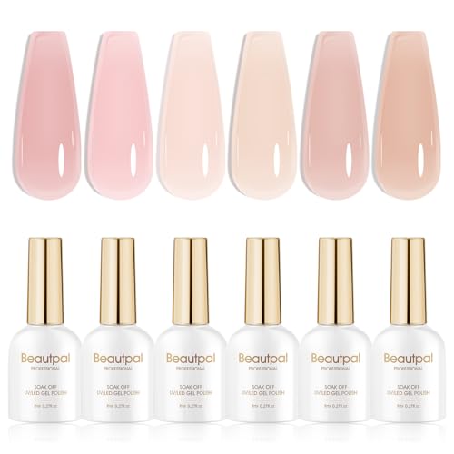 Beautpal Nude Gel Polish Set, 6pcs Jelly Gel Polish Nude Pink Neutral Color Translucent Gel Nail Kits for Salon Gel Manicure and Nail Art DIY at Home 8ml