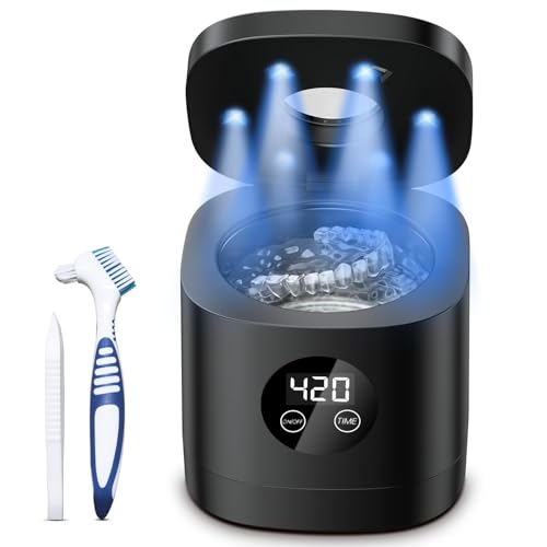Ultrasonic Retainer Cleaner, Portable Ultrasonic Retainer Cleaner 48W 49KHz 250ml(8oz) with 6 LED Lights, Sonic Denture Cleaning Machine for Dentures, Jewelry