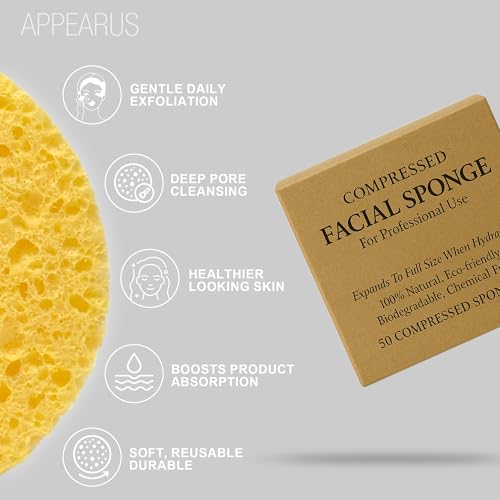 Appearus Natural Cellulose Facial Sponges – 50 Pack (Compressed) – Professional Spa Facial Sponge Pads for Cleansing, Exfoliating, Makeup Removal – Natural Yellow – Gentle on Sensitive Skin