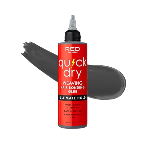 Red by Kiss Quick Dry Hair Bonding Glue, Professional Strong & Long-Lasting Weave Adhesive, Formaldehyde Free, Aloe Vera & Biotin Infused, Quick Weaving & Hair Extensions (8 fl.oz)