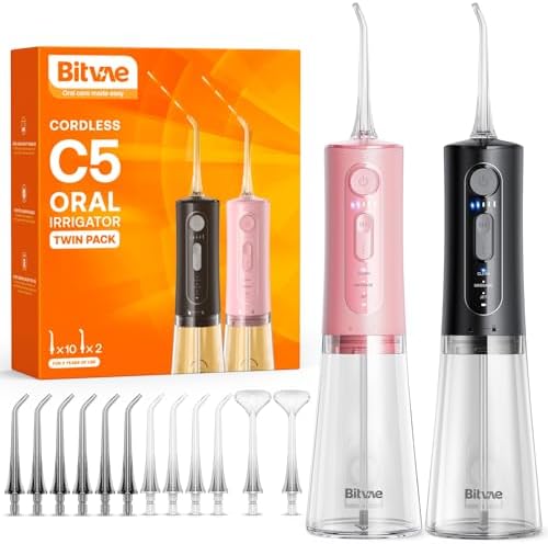 Water Dental Flosser Teeth Pick: Bitvae 2 Pack Portable Cordless Oral Irrigator, 3 Modes 5 Intensities, Rechargeable Water Dental Picks for Cleaning with 12 Tips, Travel Irrigation Cleaner for Teeth