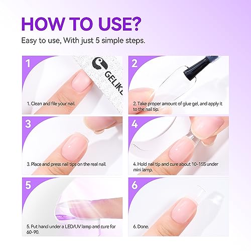 Gelike EC Gel Nail Glue UV Light: 2PCS 6 in 1 Adhesive Polish, Strong Glue for Press On Nails Acrylic Tips, Long Last Kit Blooming Gel Gift for Home Salon DIY 32ML