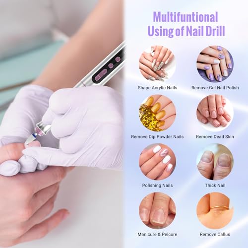 Cordless Electric Nail Drill Machine, 13 in 1 Nail File Kit 35000RPM Professional Portable Rechargeable E File for Acrylic Polish Gel Removal Manicure Pedicure Set with 5 Speeds DN-2402