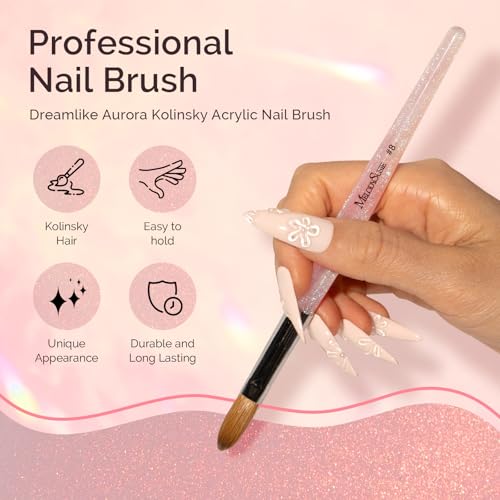 MelodySusie Kolinsky Acrylic Nail Brush,66% Kolinsky Hair Professional Nail Art Brush for Acrylic Application, Aurora Collection Fine Glitter Brush, Size 8