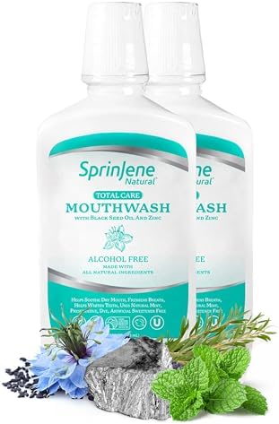 SprinJene Fluoride Free Mouthwash Alcohol Free for Fresh Breath Gum Health Dry Mouth Whitening Teeth w/Black Seed Oil, Zinc, Xylitol –All Natural Vegan Gluten Free Kosher Halal SLS Free& Non Toxic-2PK