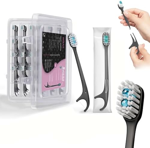 5 in 1 Disposable Toothbrushes with Toothpaste, Pre-Pasted Mint Toothpaste, 2 Mouthwash Beads, Floss, Pick, Tongue Scraper | Individually Wrapped Mini Toothbrush for On-The-Go Oral Care(24 Count)