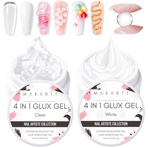 Makartt Solid Gel Builder: 4-in-1 2pcs Clear & White 3D Nail Gel Non-sticky for Extension 3D Sculpting Nail, UV Glue for Acrylic Tips, Rhinestones & Sculpture Hard Gels for Nails UV/LED Lamp Required