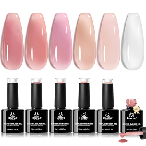 Beetles Builder Gel for Nails, 6 Colors 7 in 1 Builder Nail Gel Set, Jelly Clear Pink Nude Builder for Nail Apex Nail Thickening Extension Strengthen Weak Nails UV Gel Beauty Gift Sets for Women
