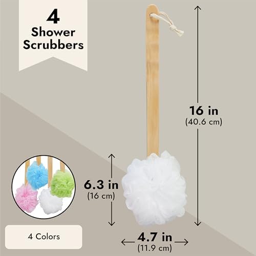 4 Pack Back Scrubber for Shower with Long Handle, Loofah on a Stick for Exfoliating, 4 Assorted Colors, 16 in - Body Scrubber - Loofah with Handle