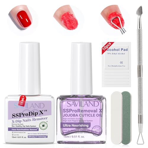 SAVILAND SSPro X Dip Powder Remover Kit: 2 Pcs Gentle & Easy Dip Nail Removal with Cuticle Oil Nail File Nail Scraper for Dipping Powder Gel Nail Polish No Need Soaking or Wrapping Home Use