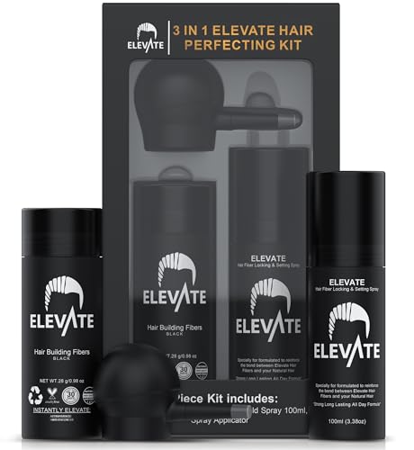ELEVATE Hair Perfecting 3-in-1 Kit Set Includes Natural Hair Thickening Fibers & Spray Applicator Pump Nozzle & Locking Setting Hold Spray | Instantly Conceal Balding and Thinning Areas (Black)