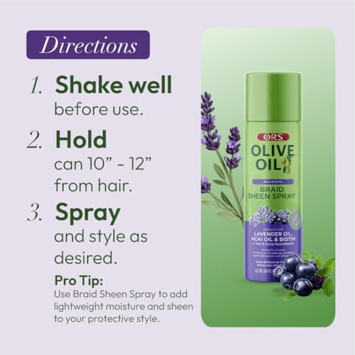 ORS Olive Oil Braidzone Braid Sheen Spray with Lavender, Acai & Biotin for Hair & Scalp Nourishment 10 Ounces (1)