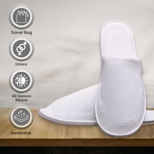 MODLUX Spa Slippers, 12 Pairs Cotton Velvet Closed Toe Disposable Slippers for Guests, 6 Medium and 6 Large House Shoe, Hotel, Home, Indoor, Bride Slippers, Slip-on with Travel Bag, White