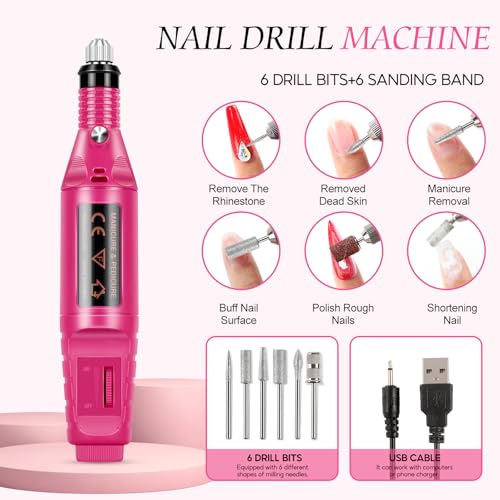 Acrylic Nail Kit for Beginners with Drill and U V Light 6 Colors Acrylic Powder Clear Nude Pink 4PC Gel Polish 24PC Glitter Powders Rhinstones Nails Kit Acrylic Set Gifts for Women