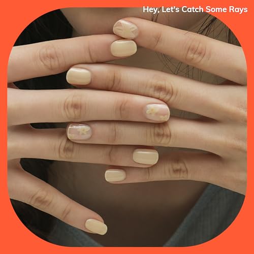 Semi Cured Gel Nail Strips | No LED Lamp Needed | Solid, Yellow, Spring |Easy Apply & Remove, Salon Quality|Includes 28 Strips, 1 Prep Pads, Nail File & Wooden stick- Hey, Let's Catch Some Rays