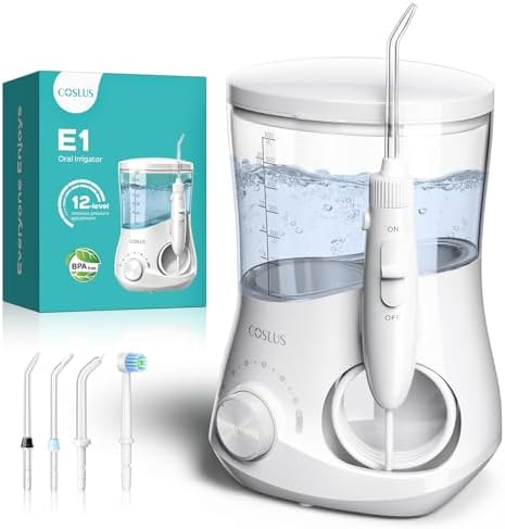 COSLUS Professional Water Flosser for Teeth: 12 Pressure Settings Electric Dental Pick for Tooth Cleaning, Sensitive Gums, Braces, Oral Care - Home Use, 4 Jet Tips for Multiple Users, Family, White