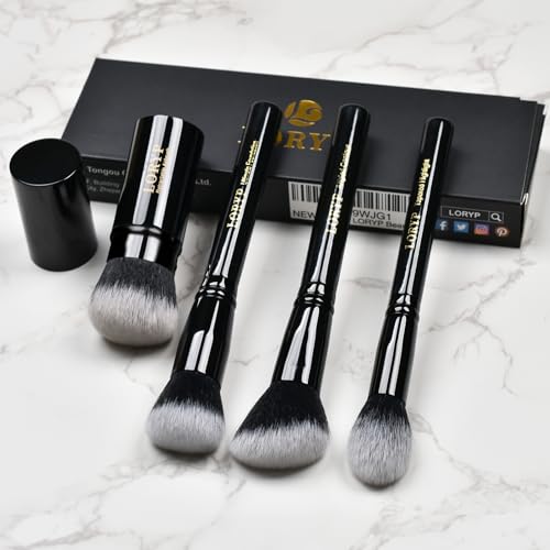 LORYP 4 Pcs Full Face Professional Makeup Brushes Set with Retractable Kabuki Airbrush For Powder,Liquid,Cream,Angled Blush Brush, Foundation Brush, Tapered Highlight Brush