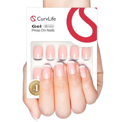 Curvlife Soft Gel Press on Nails, Gel Nail Tips, French Short Style Full Cover Design Reusable Fake Nails Kit with Glue and Adhesive Tabs