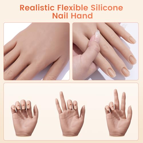 Practice Hand for Acrylic Nails: Realistic Silicone Nail Hand Practice with Tattoo Stickers - Flexible Fake Hand Mannequin Nail Hand Kit for Beginners