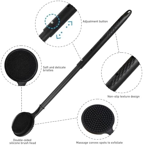 24 Inches Adjustable Bath Brush Long Handle for Shower，Dual-Sided Silicone Back Scrubber for Shower Exfoliating & Massage - Perfect for Elderly, Disabled, Limited Arm Movement (Black)