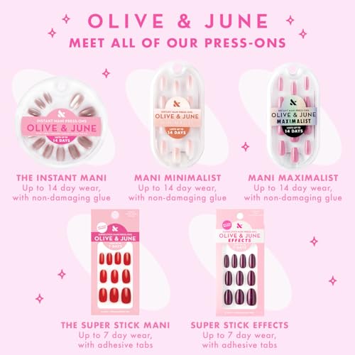 Olive & June Instant Mani Press-On Nails (Glue) Extra Short, Round 42 Fake Nails, 21 Sizes Non-Toxic, Long-Lasting Recycled Materials Realistic Look, Salon-Quality at Home Strawberry Scone