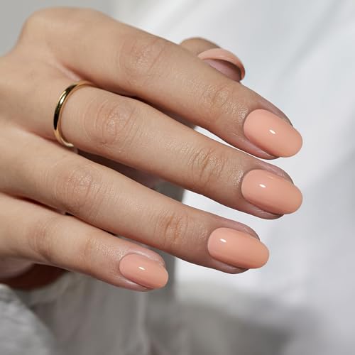 BTArtbox Press On Nails Short - Fall Press on Nails Nude Short Oval Nails Fake Nail with Nail Glue, Fit Perfectly, Reusable Glue On Nails in 16 Sizes, Salmon
