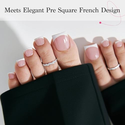 Press On Toenails for Women French Tips, Sharp Square Pre-applied Primer & Base Coat Toe Nail Press Ons Baby Pink Full Cover Fake Tips Extension 15 Sizes 270 Pcs, Builder Nail Gel & Top Coat Required