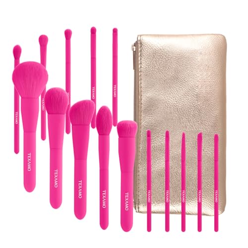 Makeup Brush Set, 15 Piece Quality Makeup Brushes, Premium Synthetic Make Up Brushes for Foundation Powder Blush Highlighter Concealer Makeup Brush Kit for Travel, Hot Pink
