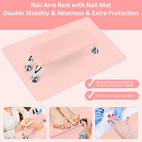 Nail Arm Rest for Acrylic Nails with Nail Table Mat, Microfiber Leather Nail Hand Rest Cushion for Nails, Soft Hand Pillow Footstool with Foldable Nail Art Hand Rest Pad for Nail Tech Use (Pink)